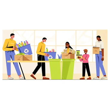A community center interior with bright walls and large windows. A diverse group of five people is actively sorting various recyclables. One person holds a blue recycling bin filled with plastic bottles, while another places aluminum cans into a green bin. A woman is folding cardboard boxes next to a table stacked with different types of recyclable materials. A child is assisting, happily handing items to an adult. The scene is filled with boxes labeled with recycling symbols for paper, plastic, and metal.