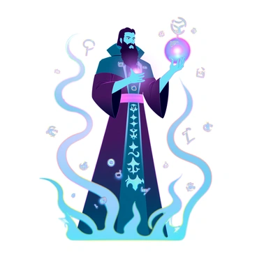 A tall sorcerer with a long, flowing robe adorned with intricate patterns stands at the center of the image. The sorcerer has a long beard and piercing eyes, exuding an aura of power. He holds a "glowing mystical orb" in one hand, radiating bright, colorful light. Surrounding him are "swirling magical energies" that shimmer in shades of blue, purple, and gold, creating a dynamic, fluid motion around his figure. The background is filled with faint, arcane symbols that add to the magical atmosphere of the scene.