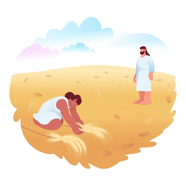 A woman named Ruth is harvesting wheat in a vast golden field, bending down to gather the stalks. She is wearing a simple, flowing dress. In the background, a man named Boaz is standing tall, observing her from a short distance. The field is bathed in warm sunlight, casting gentle shadows on the ground. The sky above is clear with soft pastel colors blending together. A few scattered wheat sheaves can be seen throughout the field, emphasizing the abundance of the harvest.