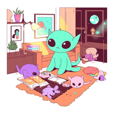 A teal extraterrestrial being with large, expressive eyes is sitting on a soft orange rug in a cozy living room. The room is filled with warm, soft light coming from a floor lamp in the corner. Surrounding the extraterrestrial are various cute alien pets, each with distinct colors and features, playing and lying around. One pet is a small round creature with bright purple fur and large ears, while another is a tiny pink creature with big eyes and a long tail. There are plants in unique pots placed on shelves, and a coffee table in front has colorful alien toys scattered across it. The walls are adorned with whimsical artwork depicting the universe.