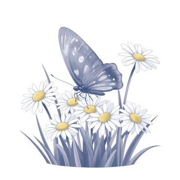 A butterfly resting on a cluster of daisies in a meadow. The butterfly has intricately patterned wings, with distinct markings that showcase its delicate structure. The daisies surround the butterfly, with their white petals and yellow centers prominently displayed. The meadow is filled with various blades of grass, creating a natural setting for the butterfly and flowers. This scene captures the interaction between the butterfly and the daisies, highlighting the textures of the wings and the petals.