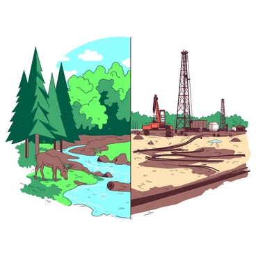 A split image features a lush, vibrant forest on the left side, teeming with various shades of green foliage, tall trees, and patches of sunlight filtering through the leaves. In this part of the image, a deer can be seen grazing peacefully on the forest floor near a stream. On the right side, a fracking site is depicted with large machinery and drilling rigs, surrounded by barren land and construction materials. Heavy pipes and equipment are arranged systematically, and a large tank is present in the background. The contrasting elements highlight the difference between the serene natural environment and the industrial setting.