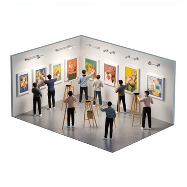 A group of illustrators is actively setting up an art exhibition inside a spacious gallery. The walls are adorned with framed prints showcasing various artistic styles and vibrant colors. Some illustrators are carefully arranging the prints, making sure each piece is located at eye level. Others are discussing the layout and placement of the artwork, while a few are adjusting the lighting to highlight specific pieces. The floor is covered with a smooth polished surface, and there are several large easels displaying additional artwork around the room. The atmosphere is focused and collaborative as they prepare for the opening.