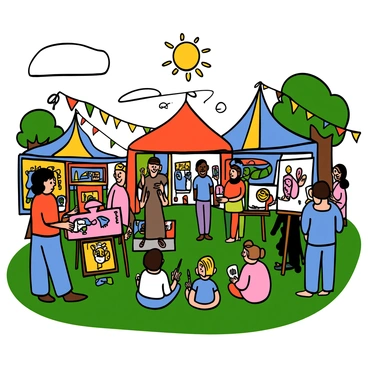 A vibrant outdoor festival scene filled with artists showcasing their diverse works. Brightly colored tents and stalls are set up, each displaying unique pieces of art including paintings, sculptures, and crafts. People of various backgrounds are walking around, engaging with the artists and admiring the artwork. A group of children is sitting on the grass, watching a live painting demonstration by an artist with a large canvas. Colorful banners and decorations are hanging from the trees, enhancing the festive atmosphere. The sun is shining brightly, illuminating the joyful expressions on everyone's faces.