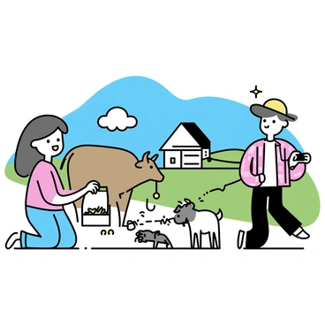 A group of three friends stands together in an open field on a farm. One friend, wearing a red shirt and blue jeans, is holding a bucket of feed while reaching out to a brown cow. The second friend, dressed in a green jacket and black pants, is kneeling beside a small goat, offering it some hay. The third friend, in a yellow cap and plaid shirt, is taking a picture of the scene with a camera. In the background, there are green pastures and a wooden barn. The clear blue sky is dotted with a few white clouds.