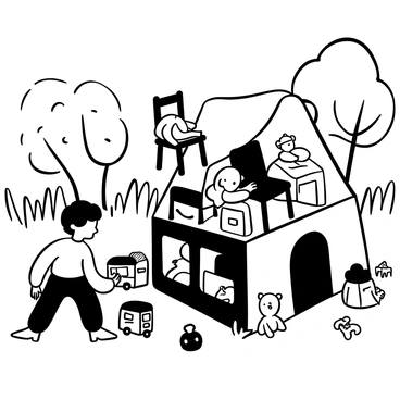 A child crouched on the grass, gathering various discarded toys and pieces of furniture to create a fort. The fort takes shape with a colorful array of stuffed animals, old chairs stacked on one another, and a large blanket draped across the top. Surrounding the fort, there are scattered toys, including a bright red fire truck and a faded teddy bear. The backyard features tall grass and a few trees in the background, casting dappled shadows over the scene.