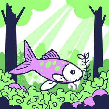 A goldfish is floating through a dense forest. The goldfish is vibrant and detailed, showcasing its fins and scales. Surrounding the fish are tall trees with thick trunks and a variety of green leaves. Sunlight is filtering through the foliage above, creating distinct rays of light that illuminate patches of the forest floor. In the background, ferns and small plants add depth to the scene, while a gentle breeze rustles the leaves around the goldfish.