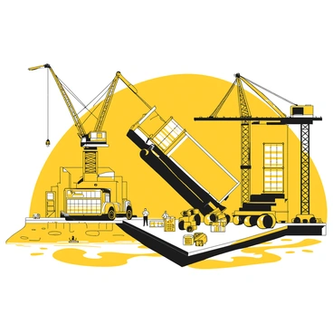 A large truck is positioned at an industrial dock, its cargo bed tilted as it tips over. The cargo consists of several large containers that are spilling out onto the concrete surface. Cranes are visible in the background, towering above the dock with their long arms extended. There are various tools scattered around the area, and a couple of workers are standing nearby, observing the situation. The water of the dock is visible, reflecting the scene with a slight ripple. The industrial buildings and machinery provide a context of a busy shipping environment.