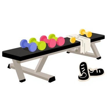 An array of different colored dumbbells arranged neatly on a black gym bench. The dumbbells include vibrant shades of red, blue, green, and yellow, showcasing a variety of weights. The bench has a textured surface and is positioned in a well-lit gym environment. A white towel is laid across one end of the bench, and a pair of black athletic shoes are placed on the floor beside it. The scene is set for an energetic workout session focused on bicep curls.