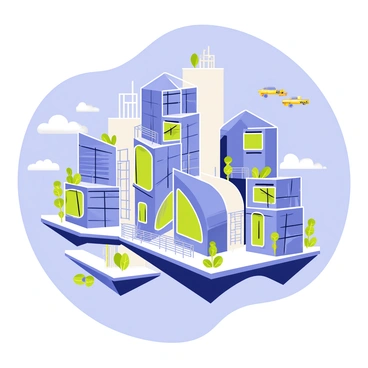 A futuristic floating city in the sky with sleek, shiny buildings made of glass and metal. The buildings have varied shapes, some resembling sharp angles, while others are curved and smooth. A network of transparent bridges connects these structures, allowing for easy movement throughout the city. Each home features large windows and vibrant balconies filled with green plants. The background is a bright blue sky with a few fluffy white clouds scattered throughout. Hovering vehicles zip between the buildings, enhancing the bustling atmosphere of the city.