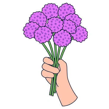 A hand with light skin is holding a bouquet of vibrant purple allium flowers. The alliums have round, fluffy flower heads made up of numerous small petals. The stems are green and long, slightly bending under the weight of the flowers. The background is neutral, emphasizing the bright colors of the bouquet and the hand.