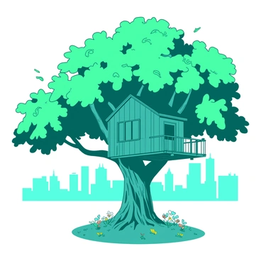 A teal treehouse is nestled within the branches of a large oak tree in a city park. The treehouse is constructed from wooden planks and features a small balcony with a railing made of intertwined branches. Surrounding the tree, bright green leaves provide a lush canopy. Below, a grassy area is dotted with colorful flowers. In the background, the silhouettes of city buildings can be seen peeking through the branches of the oak tree. A gentle breeze causes the leaves to rustle, adding life to the serene scene.