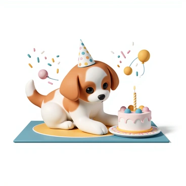 A cute cavapoo, with a fluffy caramel and white coat, is sitting on a colorful mat. It is wearing a tiny, festive party hat decorated with bright polka dots. Next to the dog, there is a small birthday cake adorned with colorful icing, topped with a single candle. The cake is placed on a plate with a cheerful design. The background features cheerful decorations like colorful balloons and streamers. The cavapoo looks curiously at the cake, its tail wagging in excitement.
