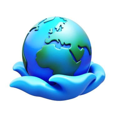 A 3D globe depicting the Earth with detailed continents and vibrant colors. Surrounding the base of the globe, "ocean waves" are swirling, showing different shades of blue and white, capturing the look of movement and fluidity. The waves have a glossy texture, reflecting light as if they are in motion. The overall composition highlights the contrast between the solid globe and the dynamic waves below.