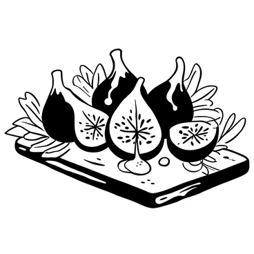 A group of fresh figs arranged on a weathered wooden board. The figs are whole, with some cut in half to reveal their interior texture. Honey is drizzled over the figs, creating a glossy sheen. Surrounding the figs are delicate leaves, adding a natural element to the composition. The wooden board shows signs of age, such as scratches and a rustic finish. The overall arrangement emphasizes the rich texture and form of the figs and the smooth, sticky honey.