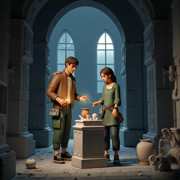 Two adventurers, a man and a woman, are exploring the interior of a grand fortress. The man, wearing a brown leather jacket, cargo pants, and sturdy boots, holds a torch that illuminates the dark stone walls lined with intricate carvings. The woman, dressed in a green tunic, dark pants, and climbing gear, studies an ancient artifact on a pedestal, which glows faintly. Various ancient artifacts, including a rusty sword, a weathered shield, and intricately designed pottery, are scattered around the room, covered in dust. In the background, tall, arched windows allow beams of moonlight to filter in, revealing the grandeur of the fortress's architecture.