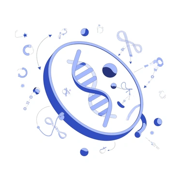 An illustration shows a cell with various mechanisms of gene regulation represented. In the center, a double helix structure of DNA is visible, with sections highlighted to indicate regulatory regions. Surrounding the DNA, there are several proteins, such as transcription factors binding to the DNA. There are also ribosomes depicted nearby, illustrating the process of translation. Small messenger RNA molecules can be seen transcribing from the DNA and moving towards the ribosomes. Additionally, there are arrows indicating the pathways of signal transduction that lead to gene activation or repression. The overall layout presents a clear depiction of interactions involved in gene regulation.