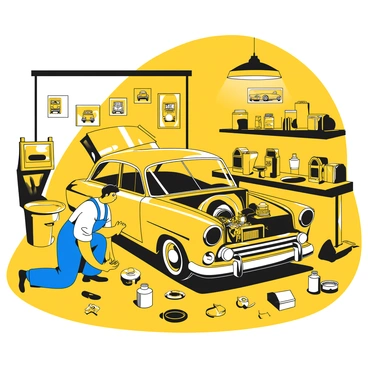 A mechanic wearing a blue jumpsuit is kneeling beside a classic car, focused on the engine compartment. The car is partially disassembled, with various tools scattered across the floor. The garage is filled with old car parts, oil cans, and a workbench covered in tools. Walls are adorned with posters of vintage automobiles. A large overhead light illuminates the scene, casting shadows that add depth to the cluttered environment.