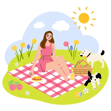 A girl with long brown hair wearing a pink sundress sits on a checkered picnic blanket in a vibrant green park. The blanket is spread out on soft grass, surrounded by colorful wildflowers. She has a picnic basket beside her filled with sandwiches, fruit, and a bottle of lemonade. A bright sun shines overhead, casting warm light on the scene, while a few fluffy white clouds float in the blue sky. Nearby, a playful puppy runs around, adding to the cheerful atmosphere of the picnic.