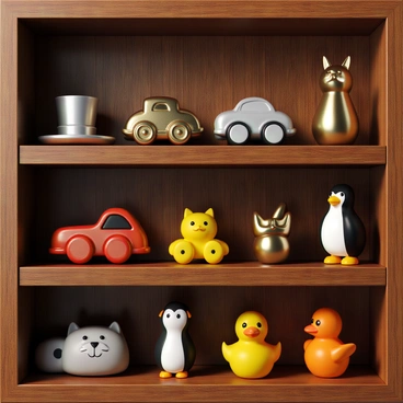 An array of classic and unique Monopoly tokens displayed on a polished wooden shelf. The tokens include the iconic top hat, a thimble, a car, and a dog, each crafted from metal with a shiny finish. Alongside these, there are unique tokens like a cat, a penguin, and a rubber duck, all rendered with intricate details and vibrant colors. The wooden shelf has a rich, deep brown color with visible wood grain, providing a warm backdrop to the tokens. Soft lighting highlights the contours and surfaces of each token, creating gentle reflections.