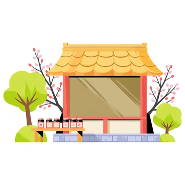 A Japanese shrine with a wooden structure featuring a thatched roof, adorned with intricate carvings. In front of the shrine, there are several small containers of sake arranged neatly on a wooden table. The shrine is surrounded by lush green trees and delicate cherry blossom branches, with petals gently falling around. The scene includes a stone pathway leading up to the shrine, adding depth to the composition. Soft lighting enhances the tranquil atmosphere of the setting.