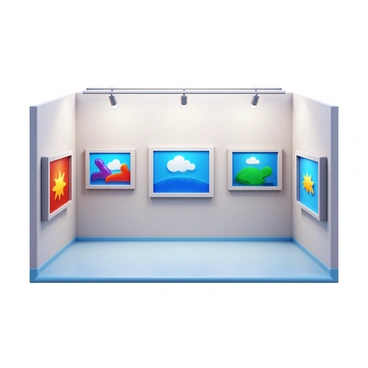A virtual gallery featuring several computer screens. Each screen showcases different digital illustrations in vivid colors. The gallery space is well-lit with a modern design, and each illustration is framed within a sleek, minimalist border. The walls of the gallery are adorned with a neutral tone to highlight the artwork on the screens.