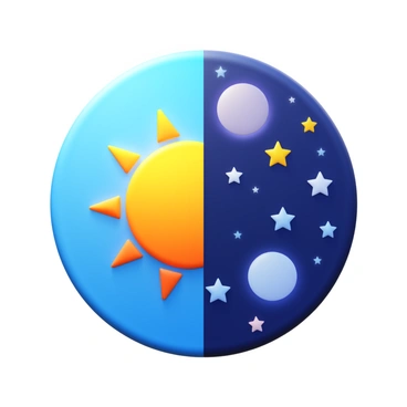 A sky divided into two halves, one side depicting "day" with a bright, "shining sun" radiating warm yellow and orange rays. The other side illustrates "night" featuring a "glowing moon" surrounded by twinkling stars in a dark blue and purple backdrop. The transition between day and night is clearly defined, showcasing the contrast between the two states of the sky.