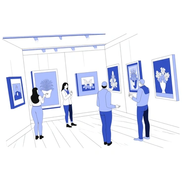 Visitors are standing in a spacious art museum, observing various paintings displayed on the walls. Each painting varies in size and style, with some framed elaborately and others simply hung. A couple of visitors are engaged in deep conversation while pointing at a large abstract piece. One individual is taking notes in a small notebook, focusing intently on a colorful still life. The museum's wooden flooring is polished, and natural light streams in through tall windows, illuminating the artworks and creating soft shadows.