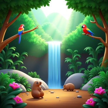 A quiet clearing in the rainforest filled with lush green foliage. A variety of exotic animals, including a brightly colored parrot perched on a branch and a small, curious capybara near the ground, can be seen. Nearby, a waterfall cascades down smooth rocks, creating a gentle mist in the air. Sunlight filters through the dense canopy above, illuminating the scene with soft light. The ground is covered in rich, dark soil and vibrant flowers are scattered throughout the clearing.