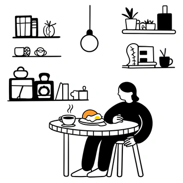 A small round table with a checkered tablecloth is set in the center of the image. On the table, there is a plate with a perfectly fried egg, alongside crispy bacon and toasted bread. A steaming cup of coffee sits beside the plate. A single customer is seated at the table, with hands resting on the table as they savor their meal. There are coffee mugs and pastries displayed on a nearby counter. The interior of the café features wooden shelves filled with books and small plants. A warm light fixture hangs above the table, casting soft shadows.