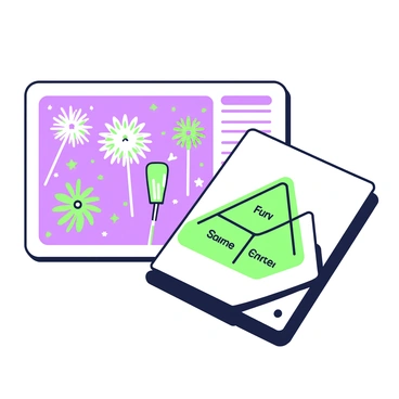 A safety pamphlet is laid out open on a flat surface. The front cover features several illustrated fireworks bursting in the night sky, showing different shapes and sizes. Each firework is detailed, with vibrant sparkles radiating from the center. On the pamphlet, there is a prominent "fire triangle" warning symbol, consisting of three interconnected elements labeled "Fuel," "Heat," and "Oxygen." This symbol is positioned towards the bottom of the pamphlet, ensuring it stands out against the background of fireworks. The overall layout is organized, with clear sections and bullet points for easy reading.