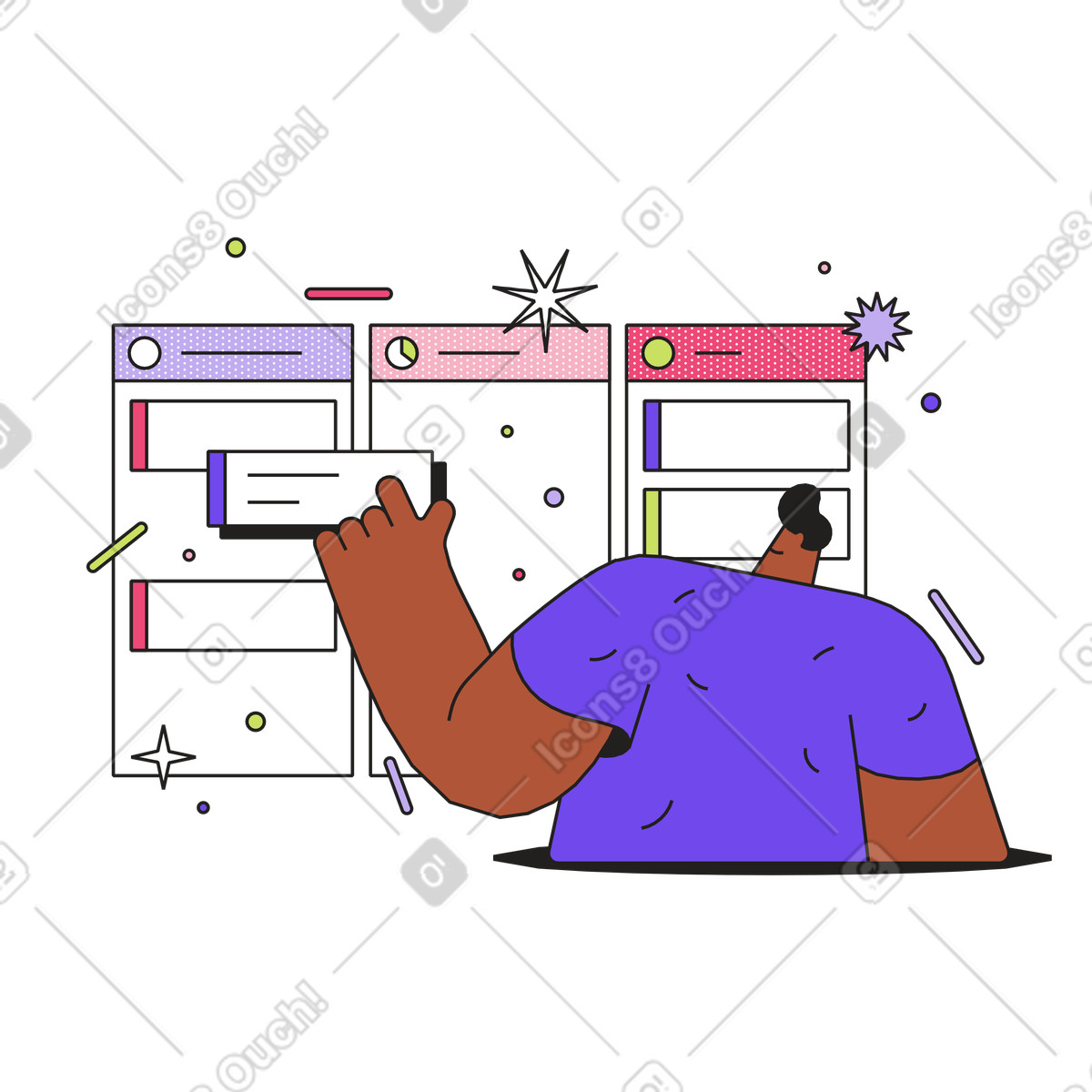 User organizing cards on kanban board, Task management and workflow planning animated illustration in Dazzle style download in GIF, Lottie (JSON), AE