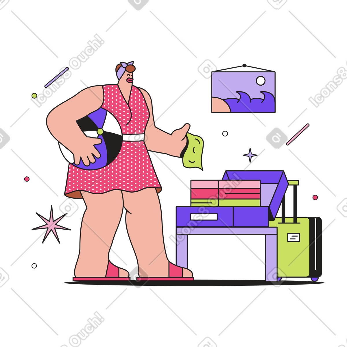 Packing suitcase for beach trip, vacation preparation illustrazione in stile Dazzle scarica in PNG, SVG