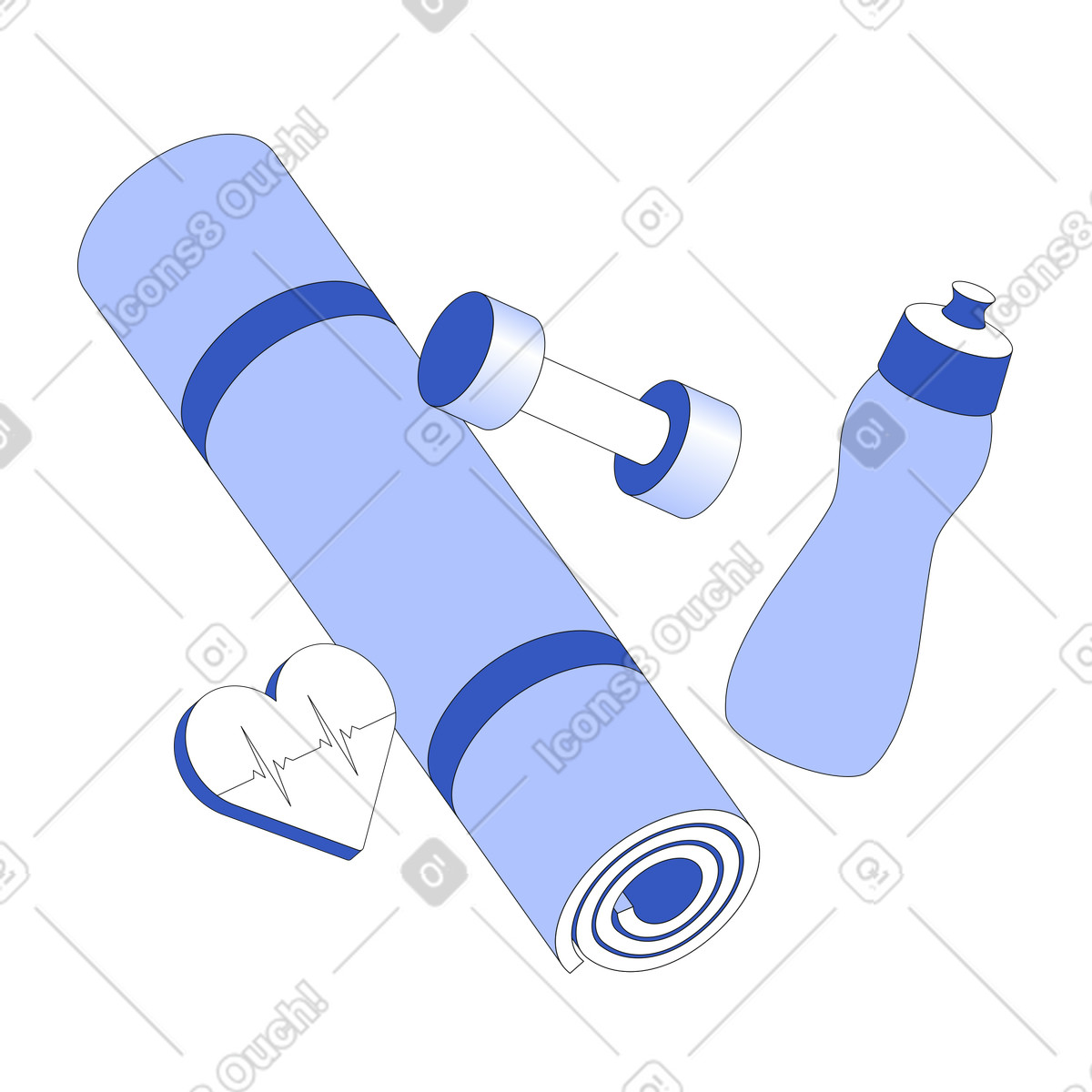 Illustration Tapis de yoga, bouteille et haltère comme équipement fitness dans le style Techny à télécharger aux formats PNG, SVG