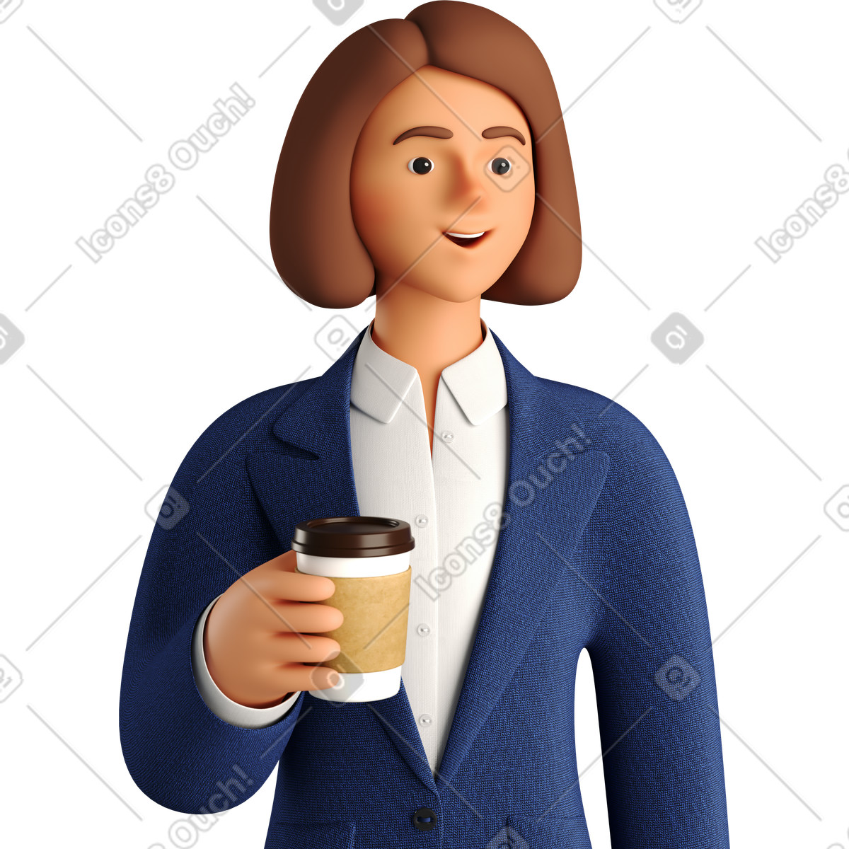 3D Business 스타일의 Businesswoman in blue suit with paper coffee cup 일러스트레이션 PNG, SVG 다운로드