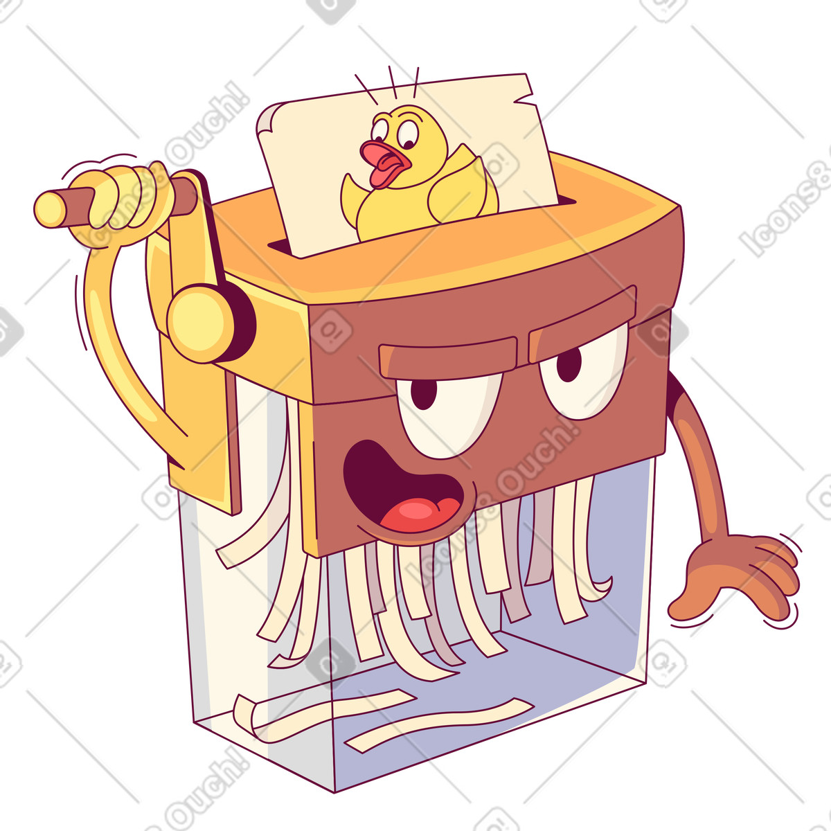 Paper shredder destroying rubber duck drawing, Something went wrong concept animierte Illustration im Handy-Stil als Download in GIF, Lottie (JSON), AE