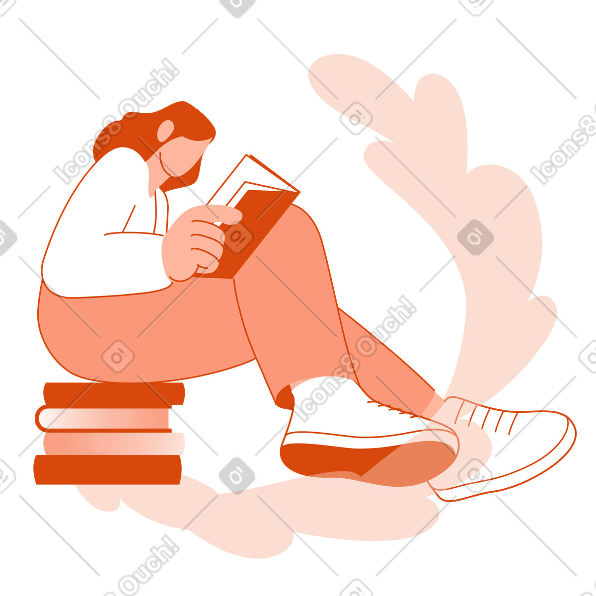 Reader sitting on books, Leisure and literature illustration in Orange style download in PNG, SVG