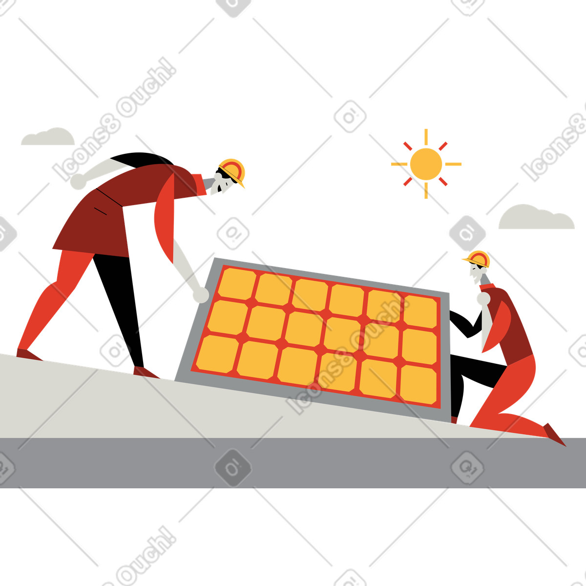Illustration Entrepreneurs installant un panneau solaire sur le toit dans style Burgundy à télécharger aux formats PNG, SVG