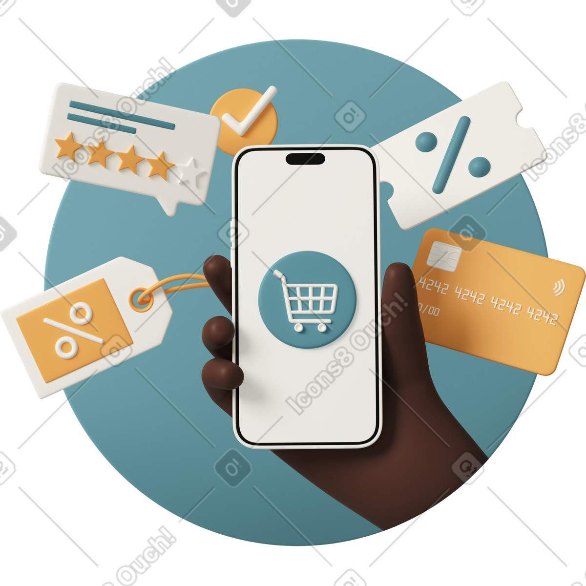 下载 3D Casual life 风格的 Online shopping on mobile phone 插画，支持 PNG、SVG 格式