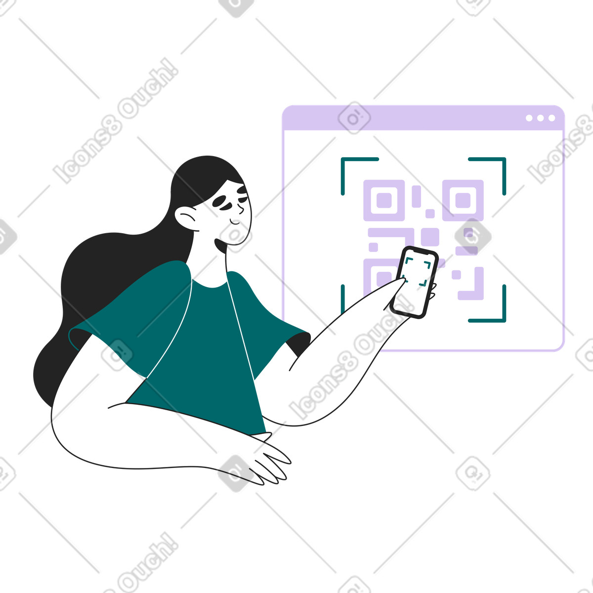 Scanning QR code with phone, Secure verification or check-in, Contactless interaction login illustration in Sammy Line style download in PNG, SVG