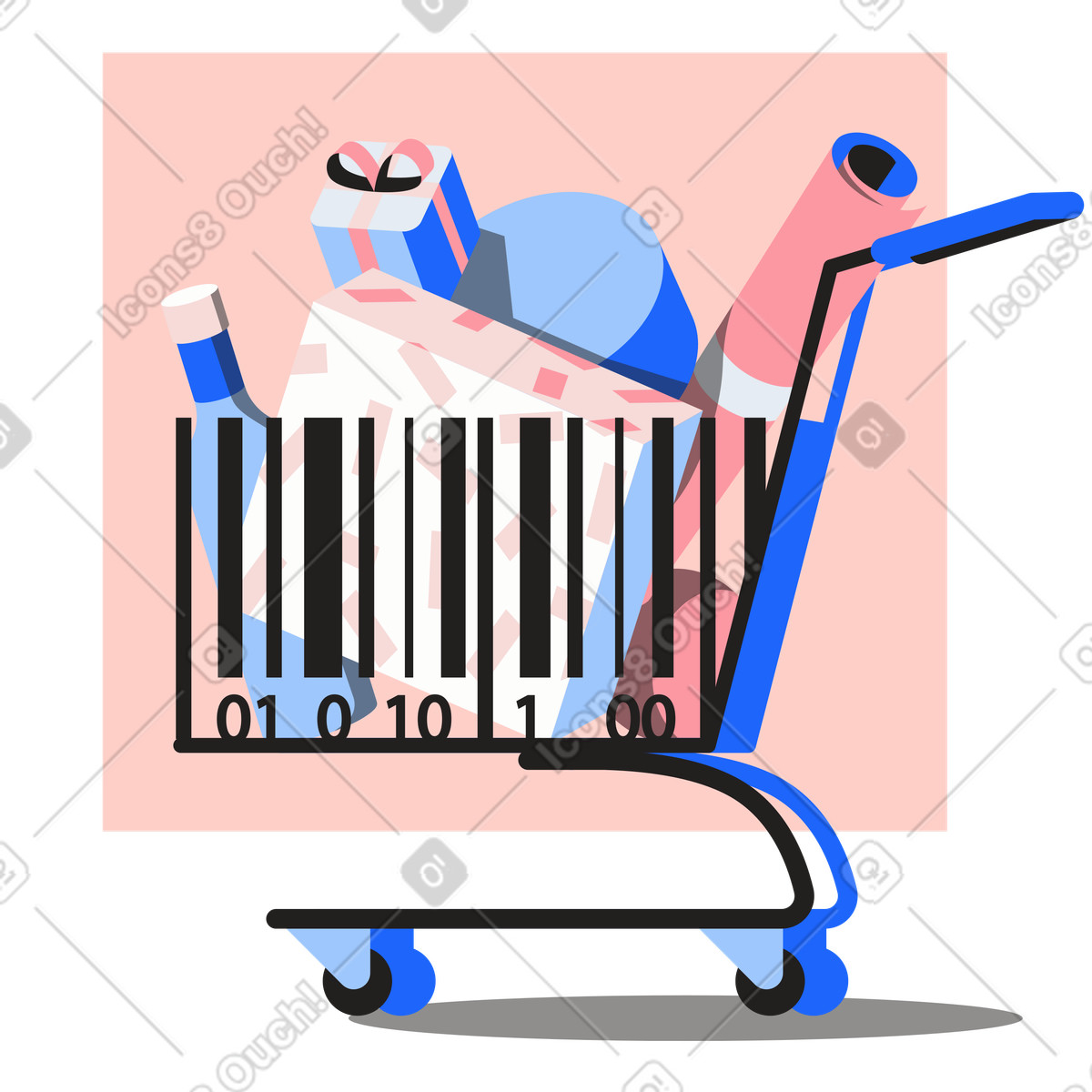 Illustration Shopping cart packed with wrapped gifts, Festive sales and promotions dans le style Editorial à télécharger aux formats PNG, SVG