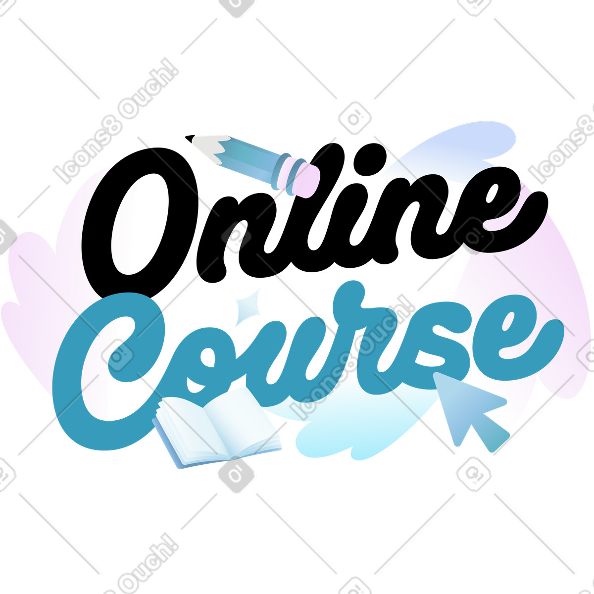 Online course lettering with pencil and book, Creative education illustration in Airy style download in PNG, SVG