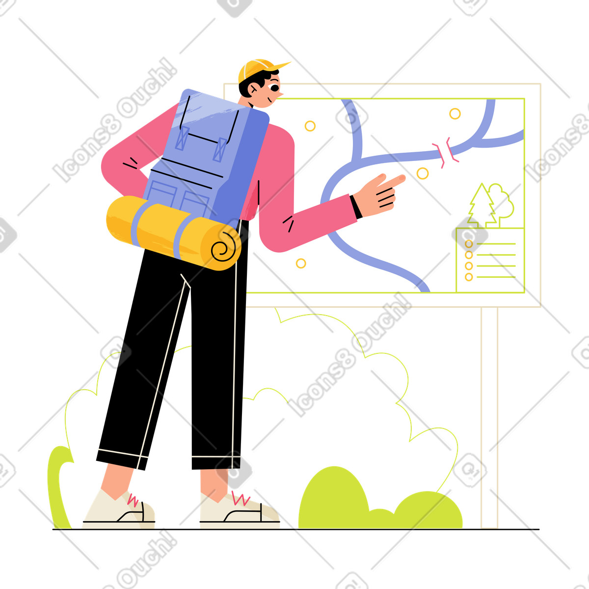 Smiling male traveler looking at tourist route illustration in Juicy style download in PNG, SVG