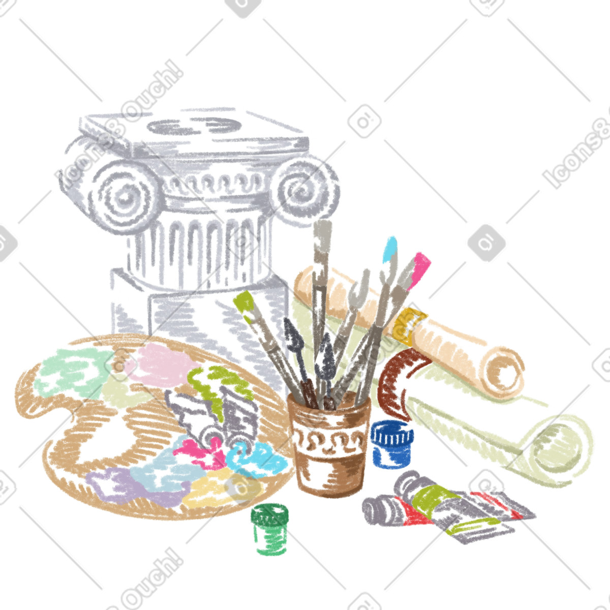 Colonna in gesso, tavolozza, tele, colori e pennelli illustrazione stile Sketchbook scarica PNG, SVG