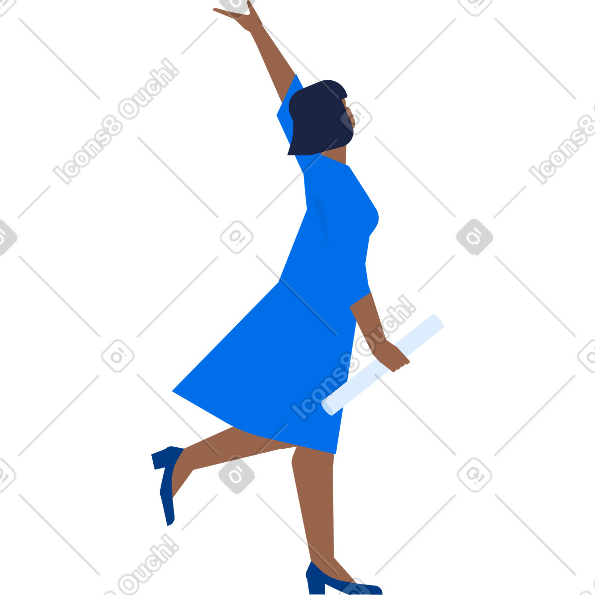 Illustration Fille diplômée avec diplôme en robe lève la main dans le style Urban à télécharger aux formats PNG, SVG