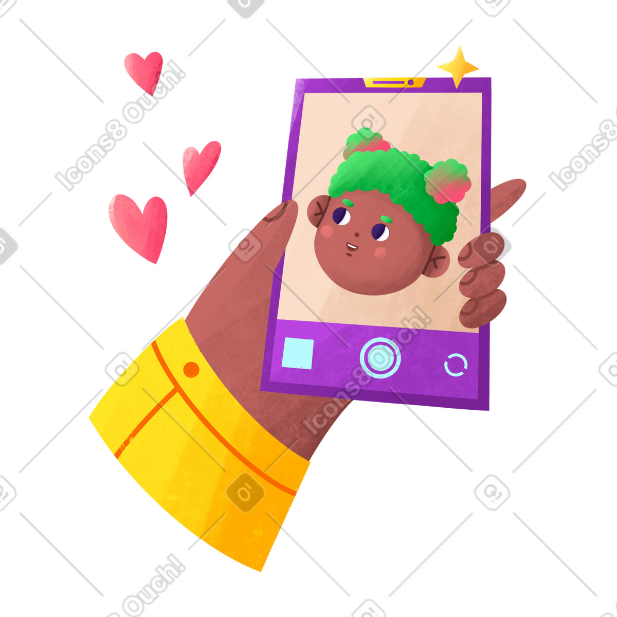 Bonbon スタイルの Taking selfie on phone, Social media or photo app のイラストをPNG、SVG形式でダウンロード