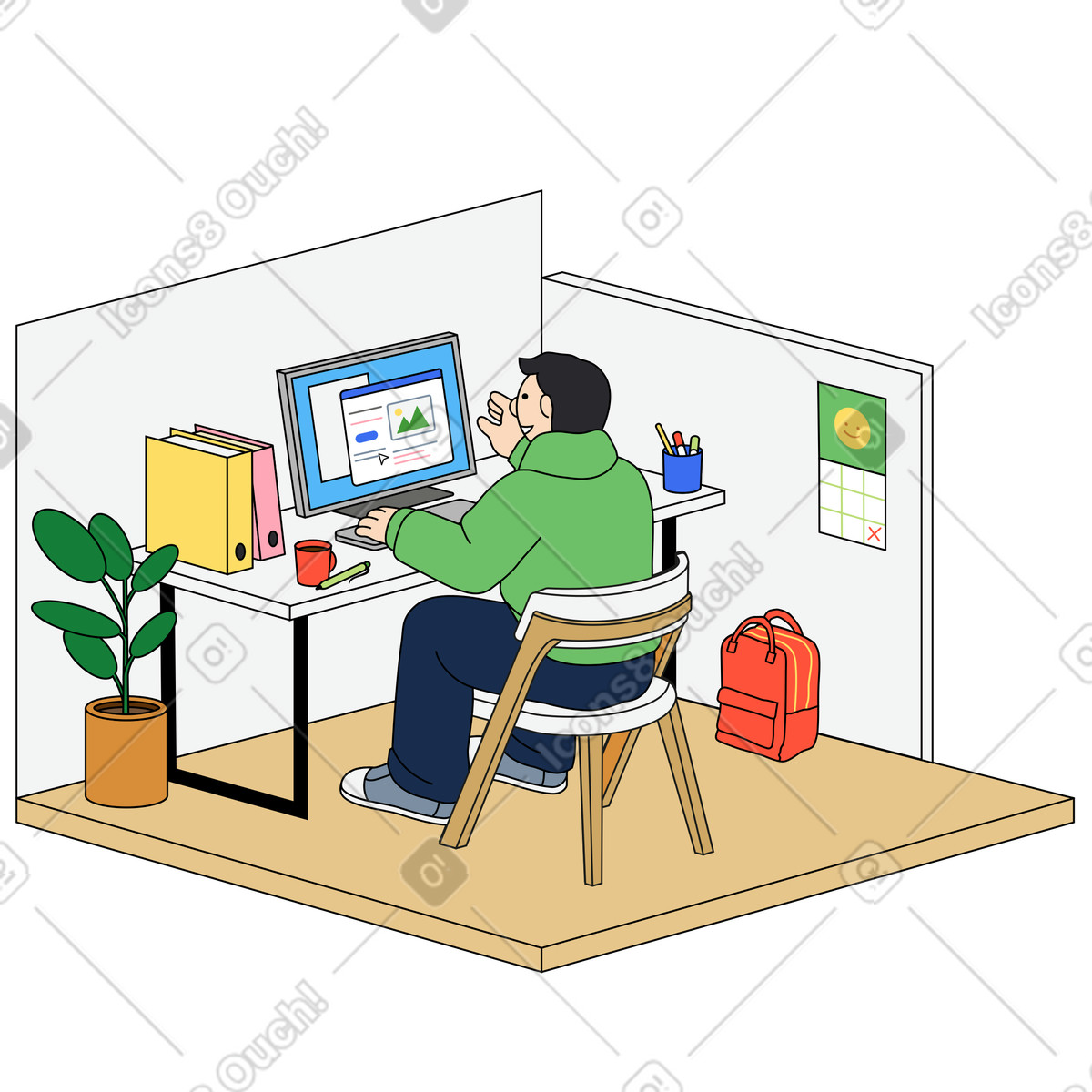 Mann arbeitet am desktop-computer-Illustration im Kindy-Stil als Download in PNG, SVG