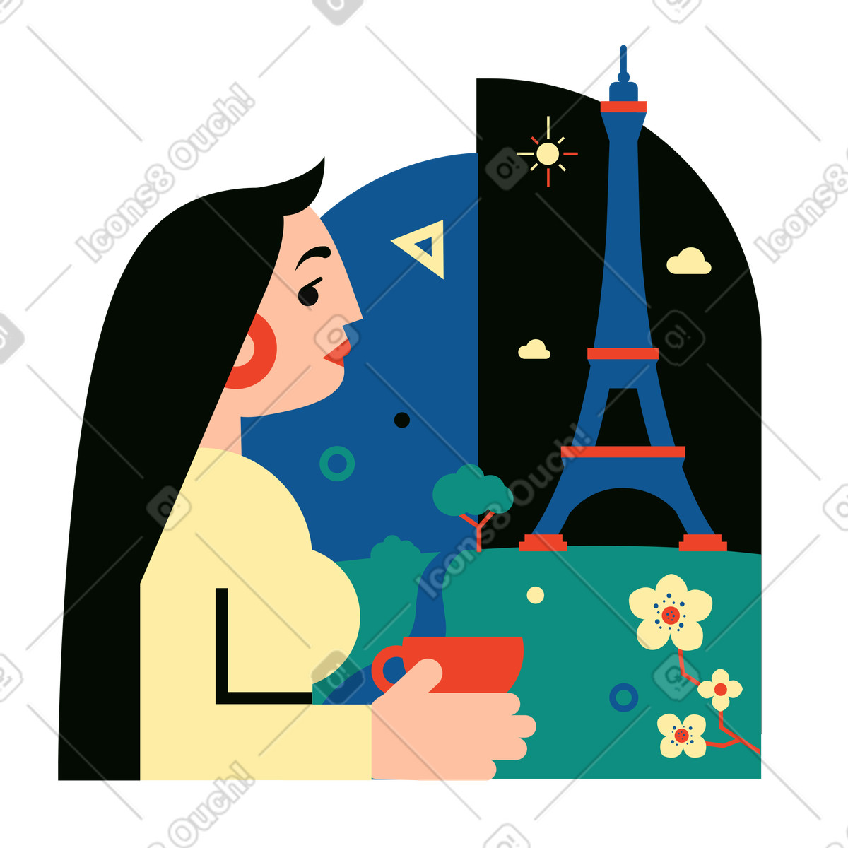 Frau macht eine reise nach frankreich-Illustration im Polar-Stil als Download in PNG, SVG