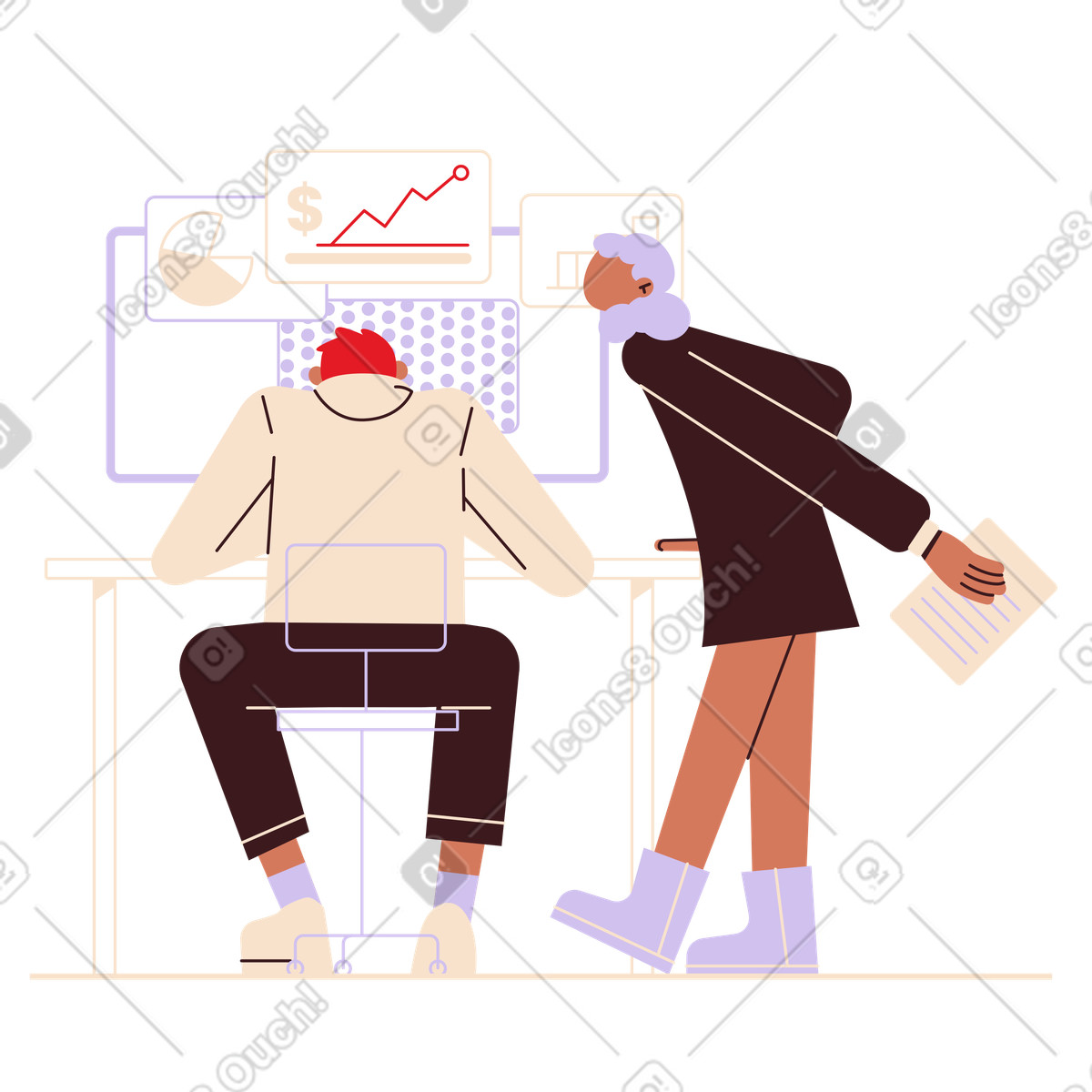 Folks スタイルの 女の子と男の子がグラフや図を分析する のイラストをPNG、SVG形式でダウンロード