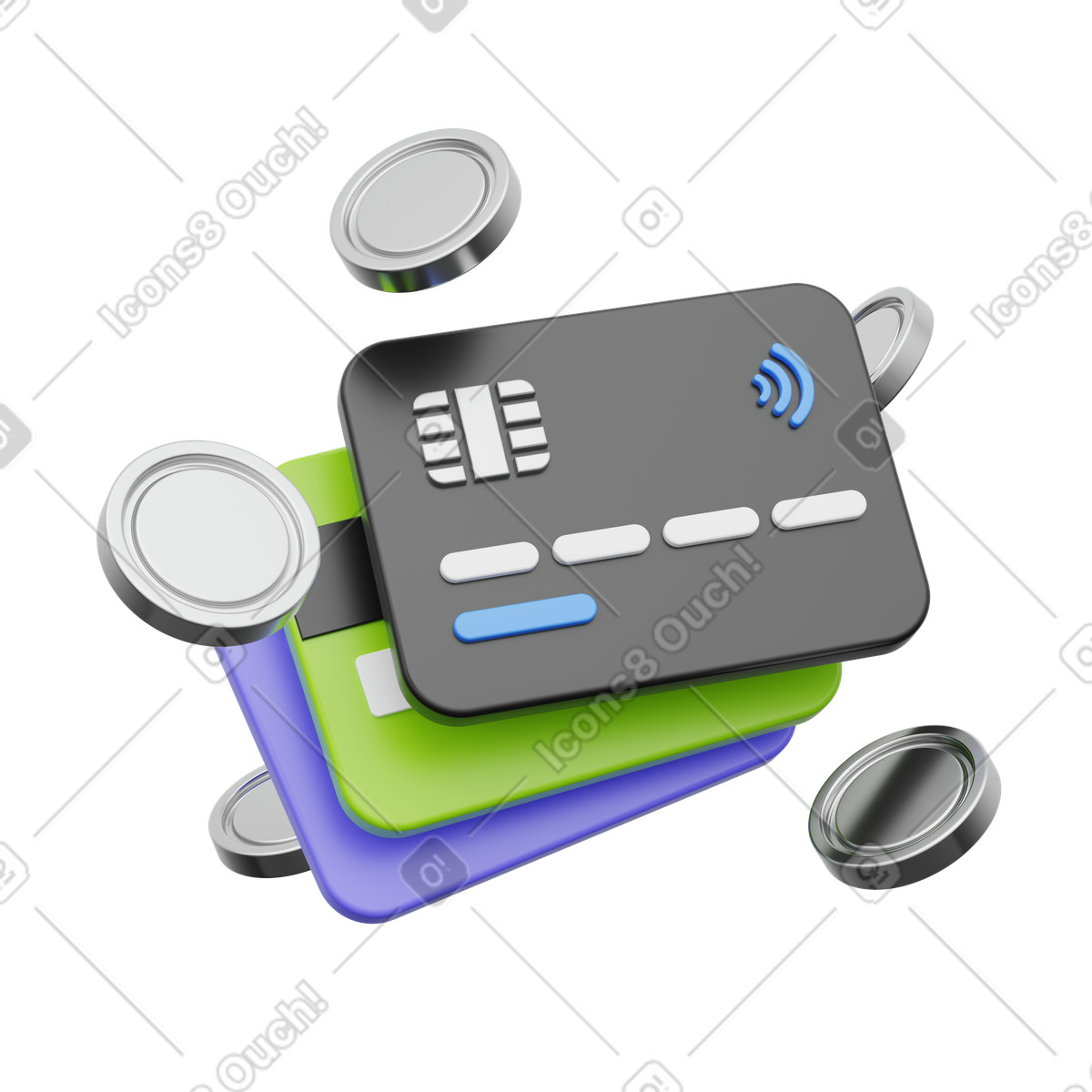 Coins around stacked cards, savings and budget management illustration in PNG, SVG
